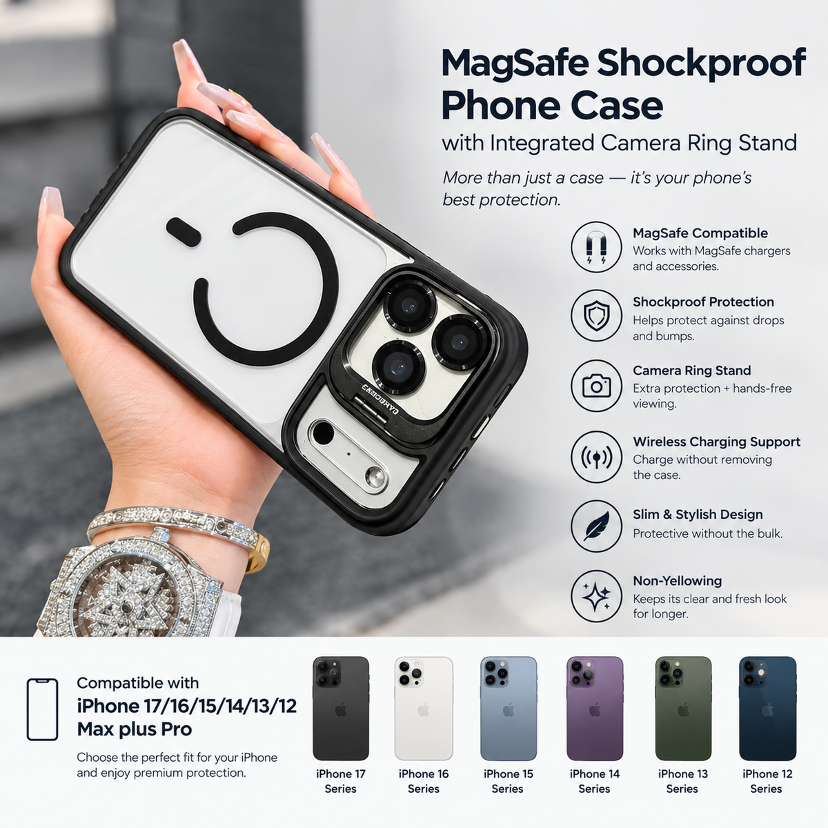 MagSafe Shockproof Phone Case with Ring Stand