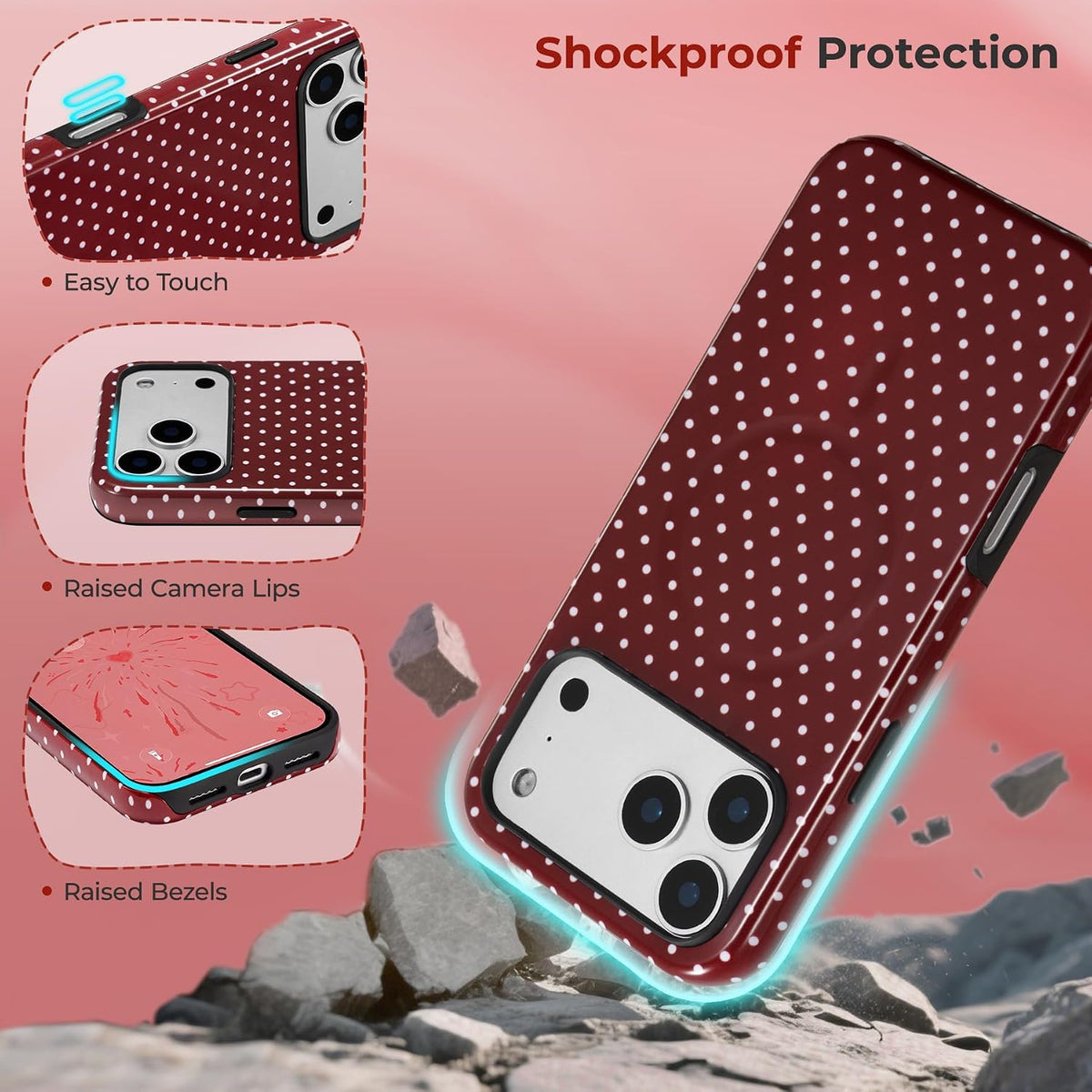 for Iphone 18 Pro Max Case Fit for Magsafe, Dots Pattern-Wine Red