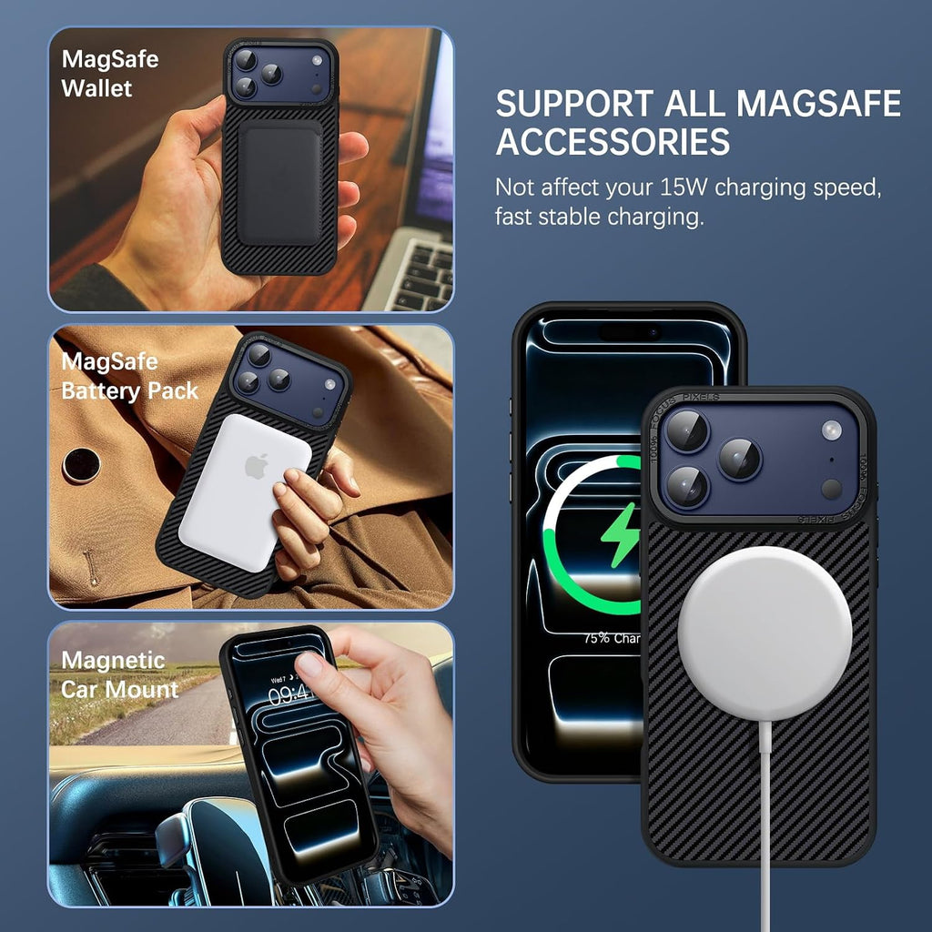 Carbon Fiber for Iphone 18 Pro Case & Iphone 17 Pro Case [Compatible with Magsafe] Magnetic Slim Thin TPU Bumper with Drop Protection Women Men Cases for 18/17 Pro 6.3" 2026, Black