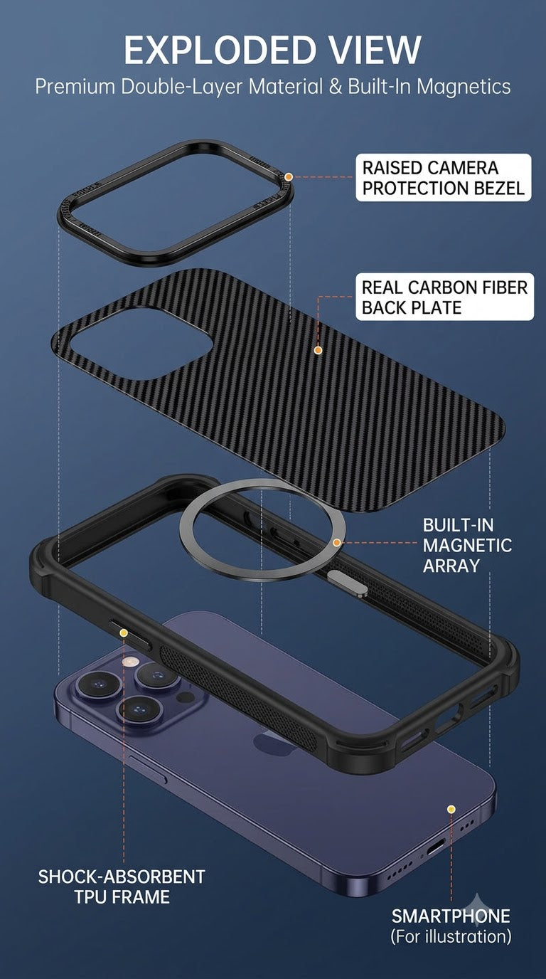 Carbon Fiber MagSafe Case for iPhone 17 Pro & 18 Pro – Black