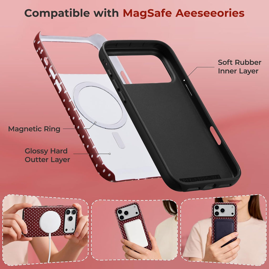 for Iphone 18 Pro Max Case Fit for Magsafe, Dots Pattern-Wine Red