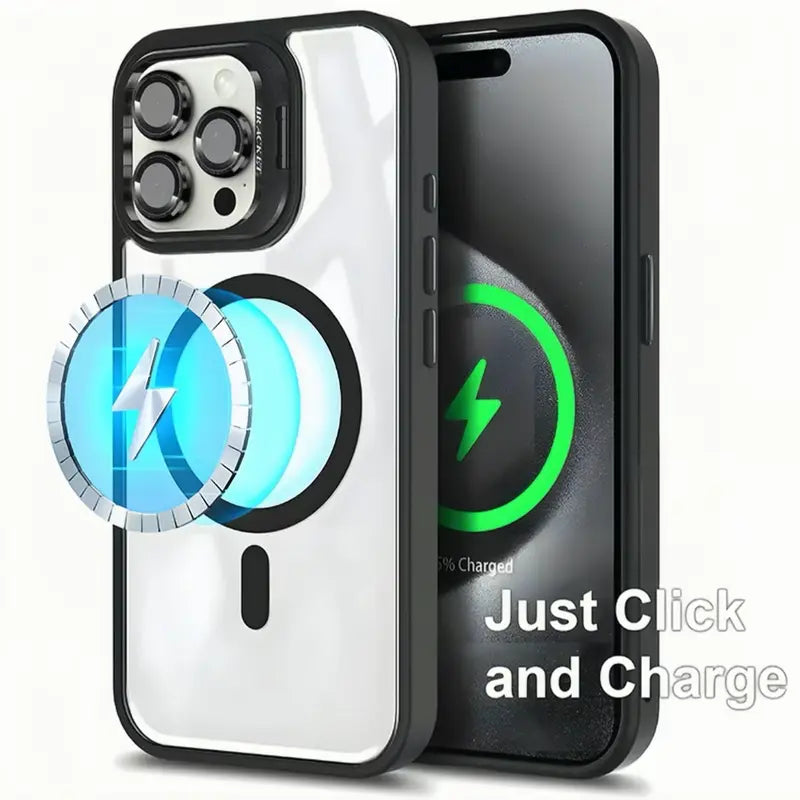 Magsafe Magnetic TPU Silicone Shockproof Phone Case with Integrated Camera Ring Stand, Protective Casing Cover for Iphone 17/16/15/14/13/12 Max plus Pro, Military-Grade Anti-Fall, Non-Yellowing Wireless Charging Black Shell